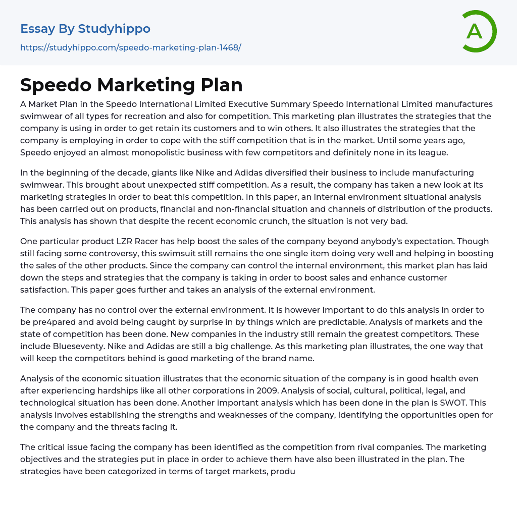 Speedo Marketing Plan Essay Example