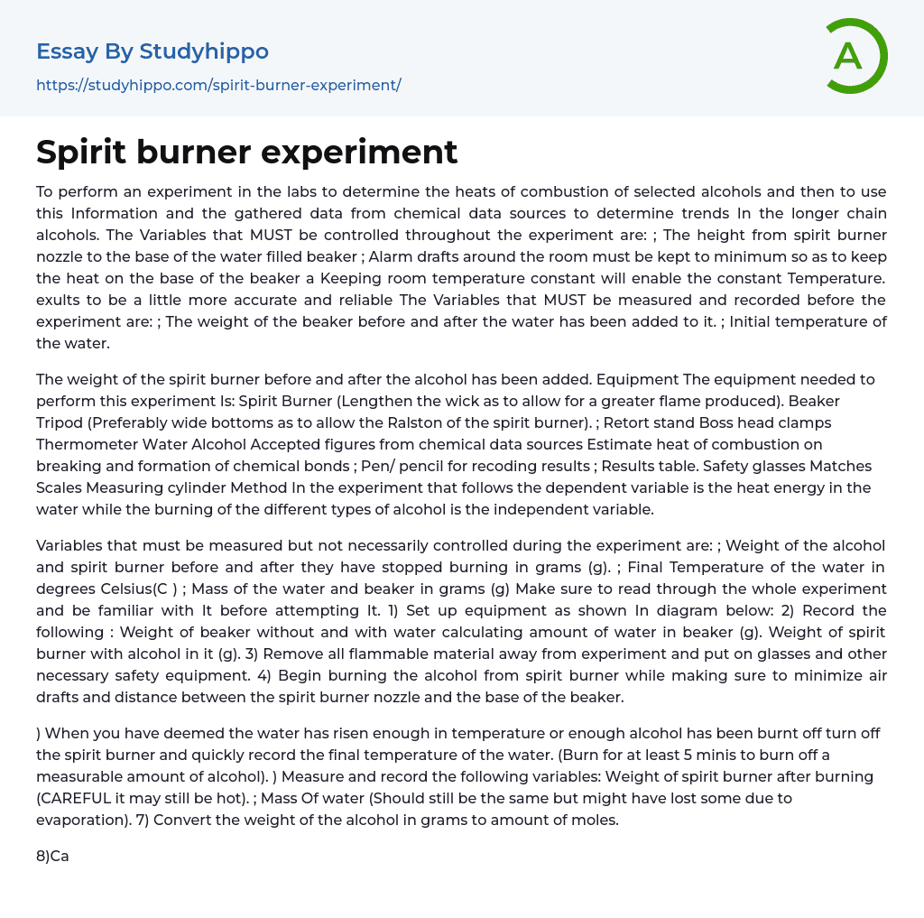 Spirit burner experiment Essay Example