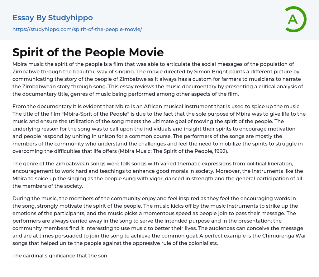 Spirit of the People Movie Essay Example