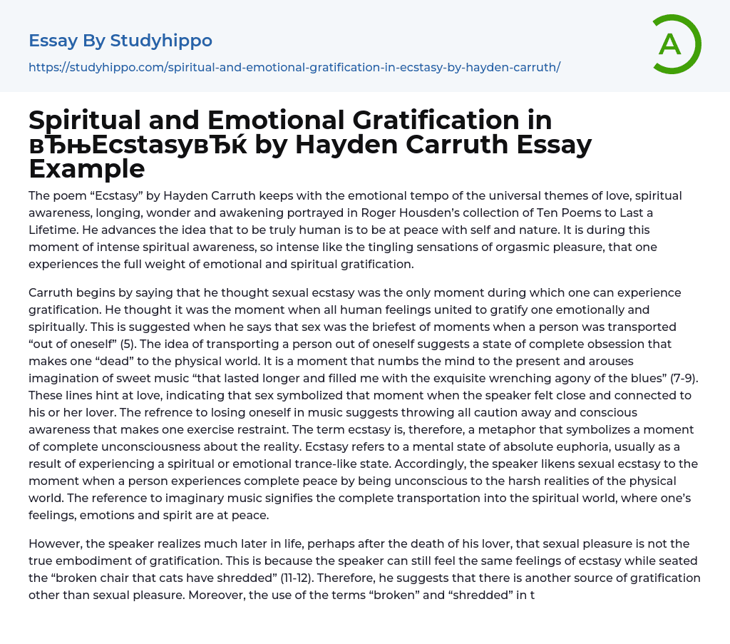 Spiritual and Emotional Gratification in “Ecstasy” by Hayden Carruth Essay Example