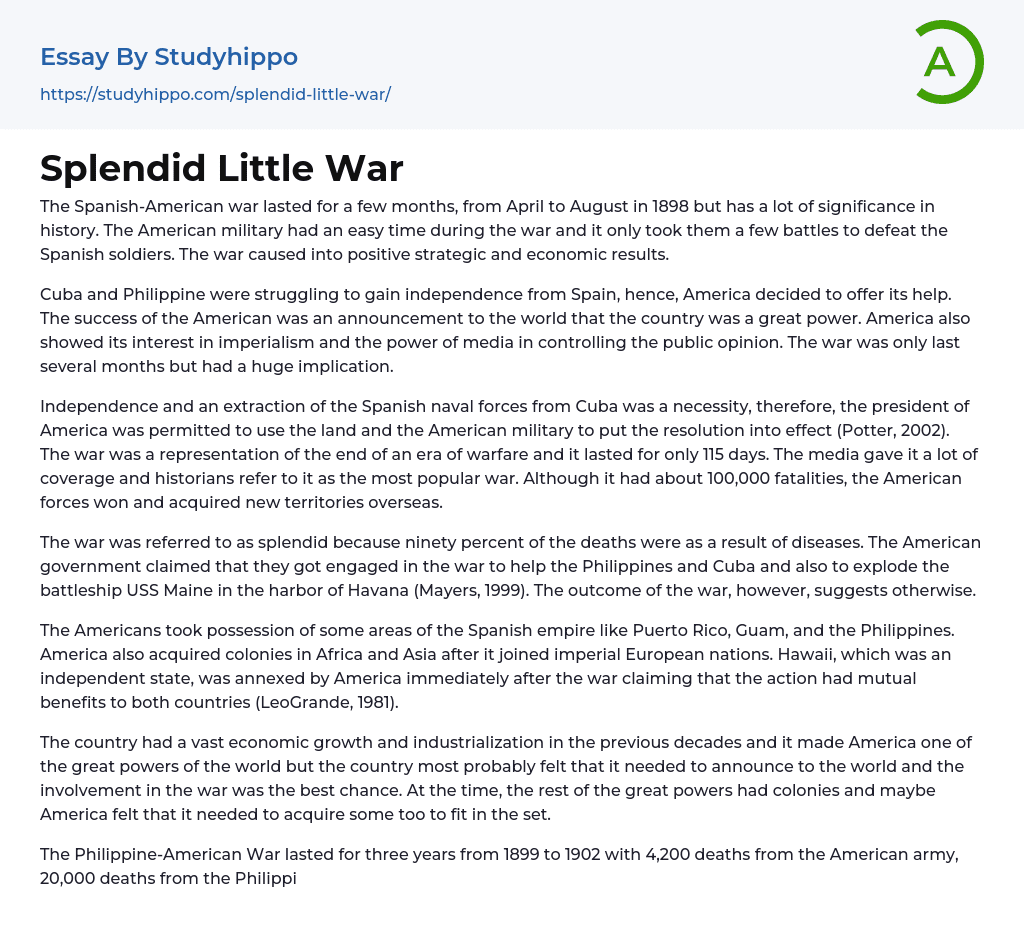 Splendid Little War Essay Example