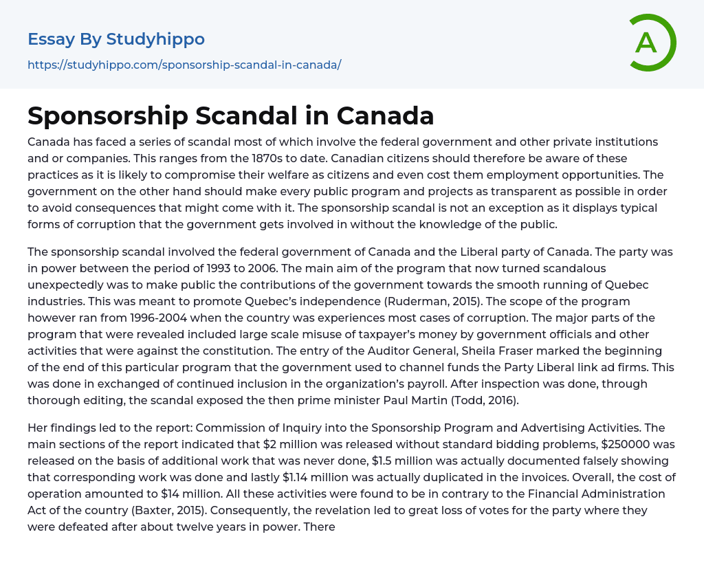 Sponsorship Scandal in Canada Essay Example