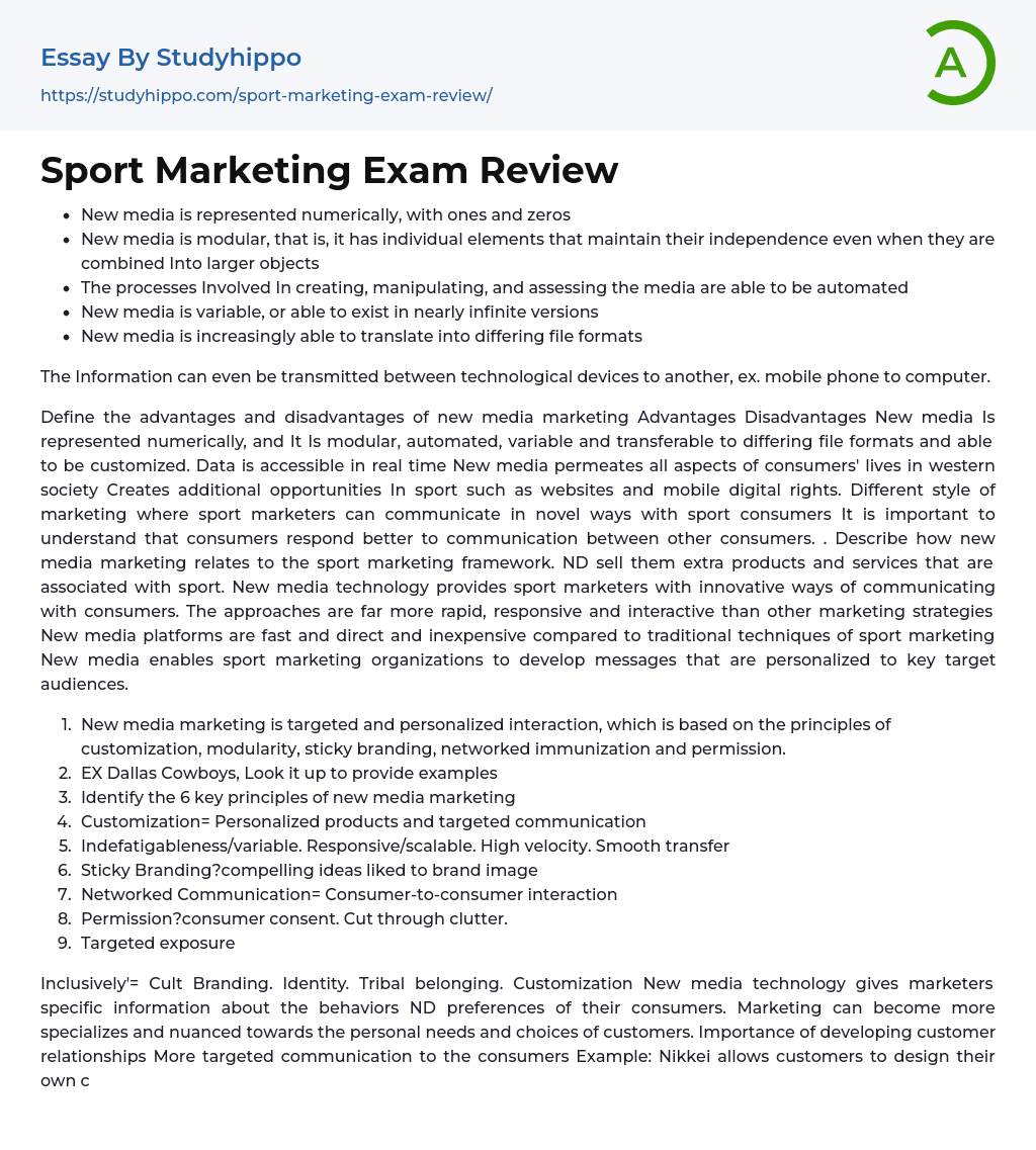 Sport Marketing Exam Review Essay Example