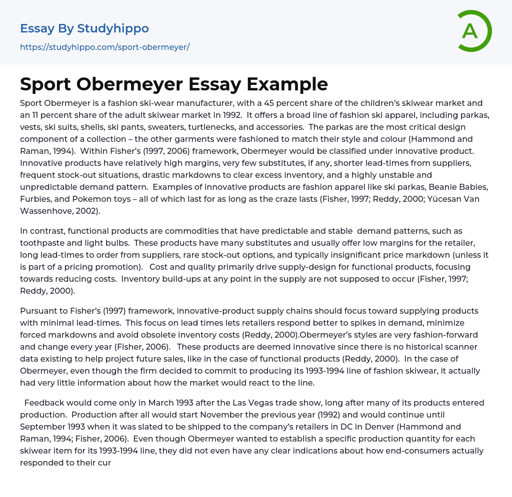 Sport Obermeyer Essay Example