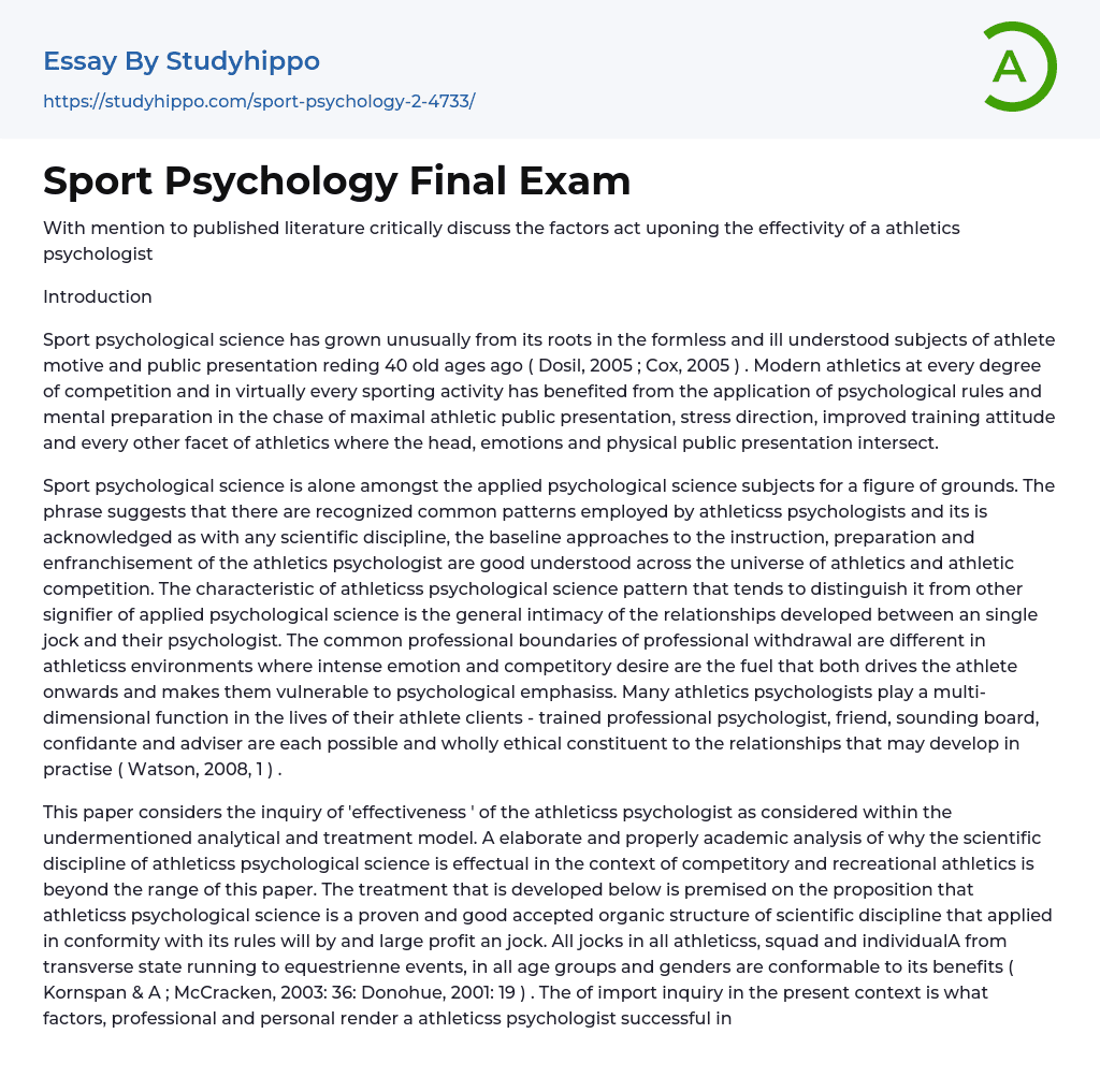 Sport Psychology Final Exam Essay Example