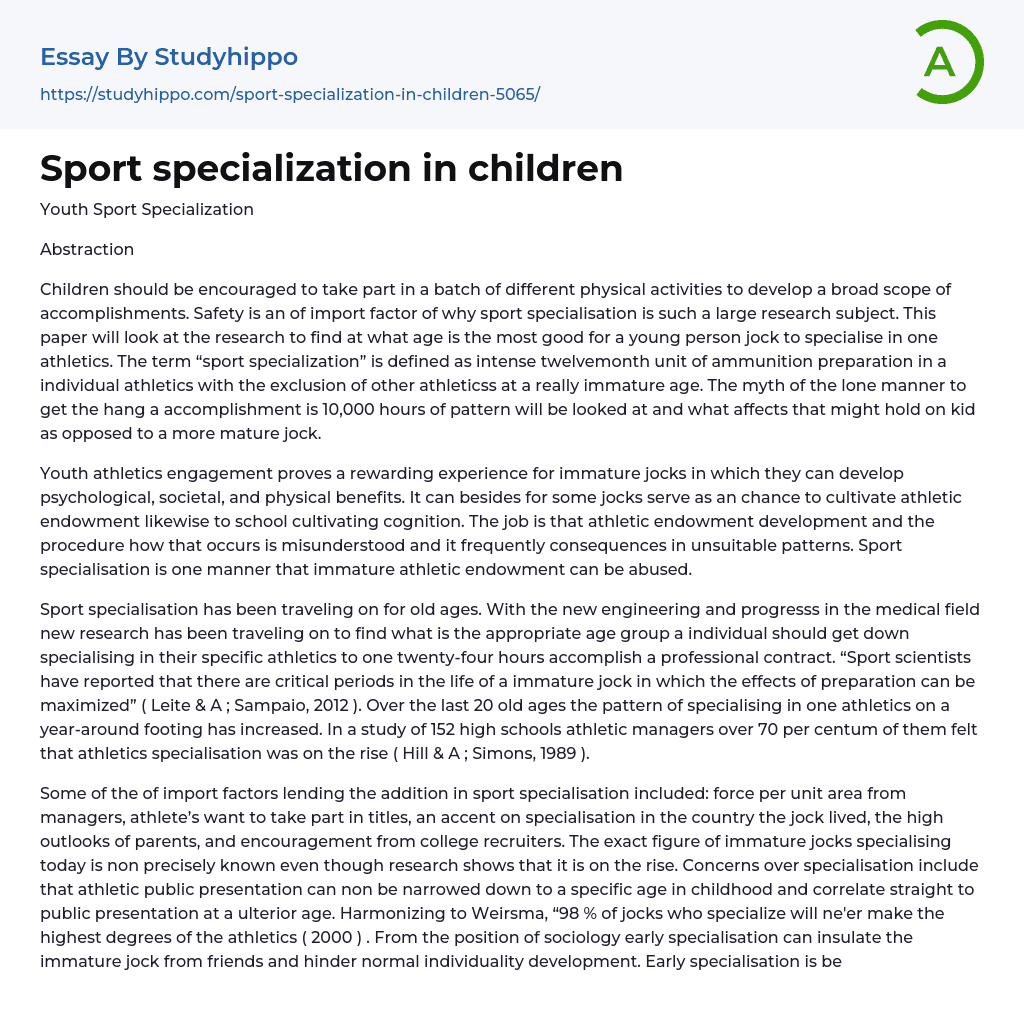 Sport specialization in children Essay Example