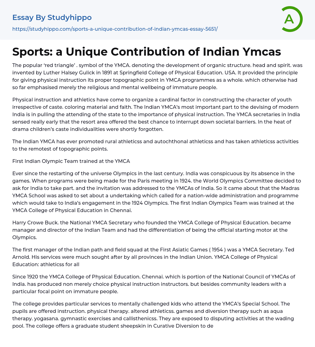 Sports: a Unique Contribution of Indian Ymcas Essay Example