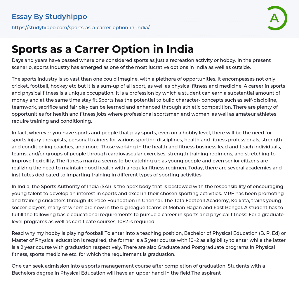 Sports as a Carrer Option in India Essay Example