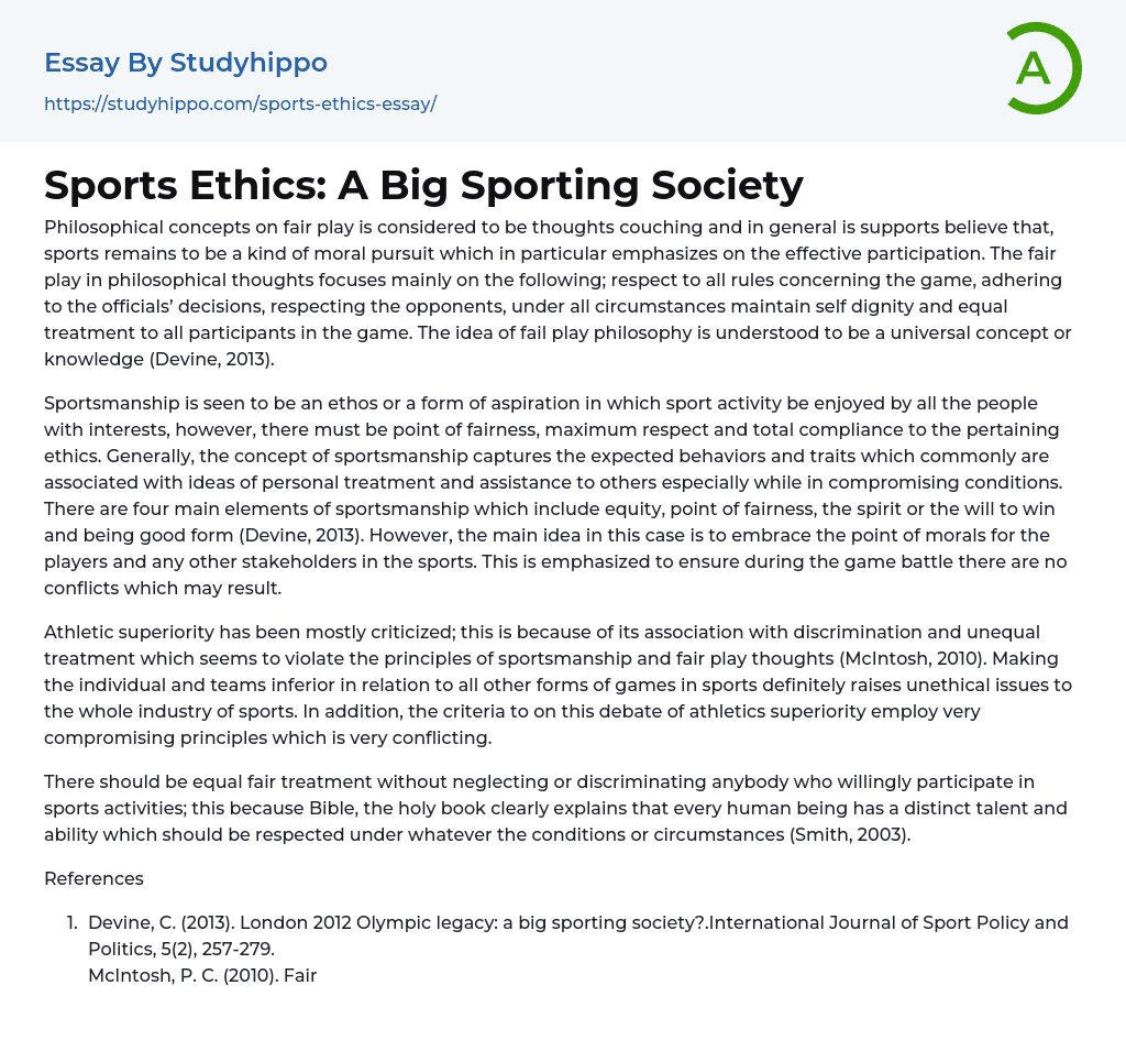 Sports Ethics: A Big Sporting Society Essay Example
