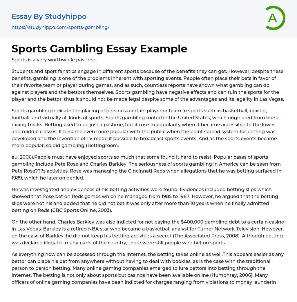 Sports Gambling Essay Example
