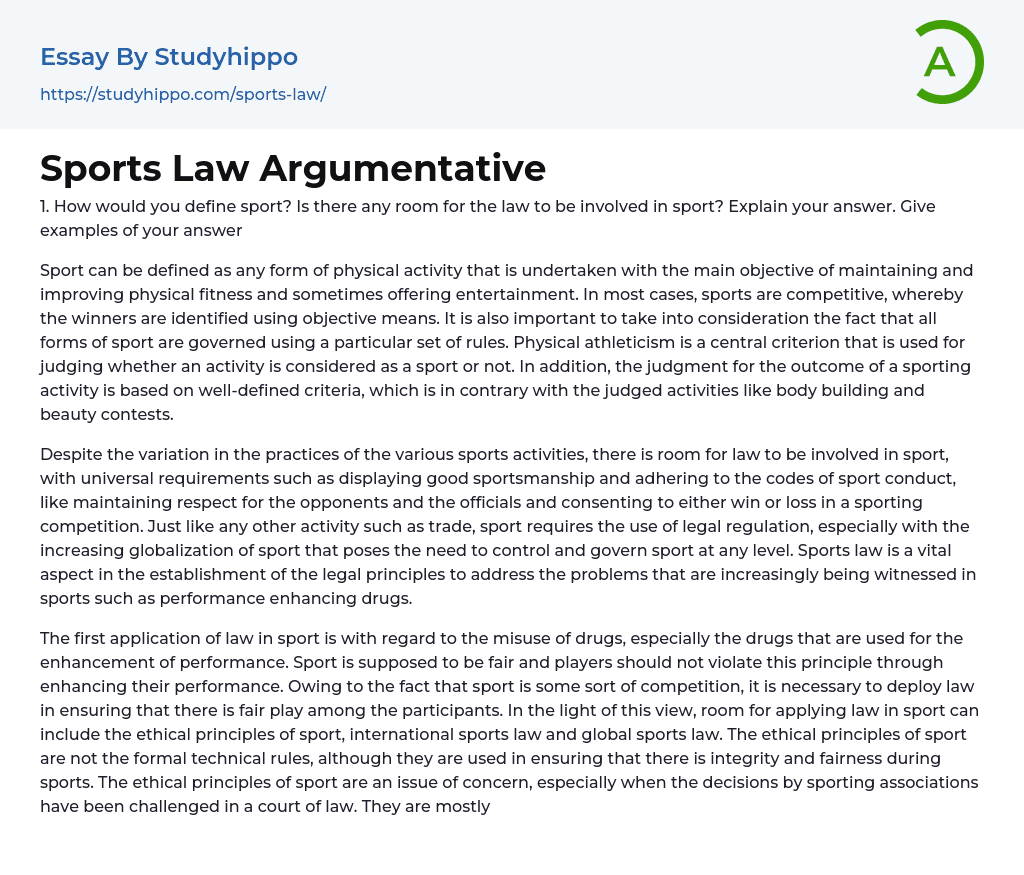 Sports Law Argumentative Essay Example