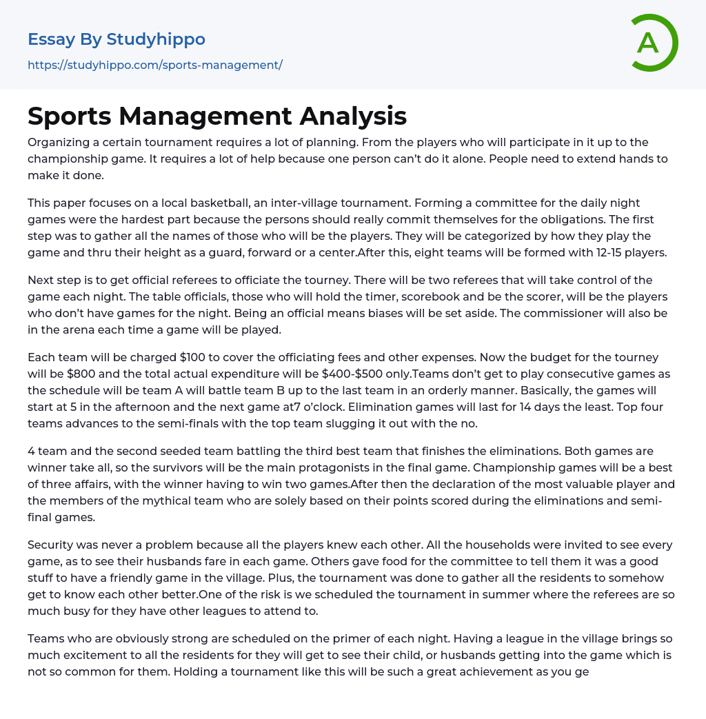 Sports Management Analysis Essay Example