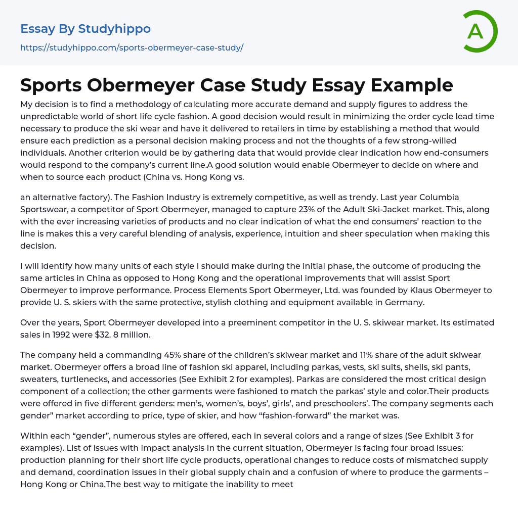 Sports Obermeyer Case Study Essay Example