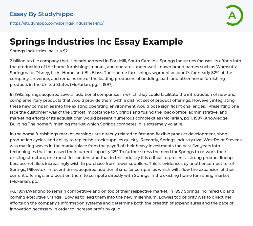 Springs Industries Inc Essay Example