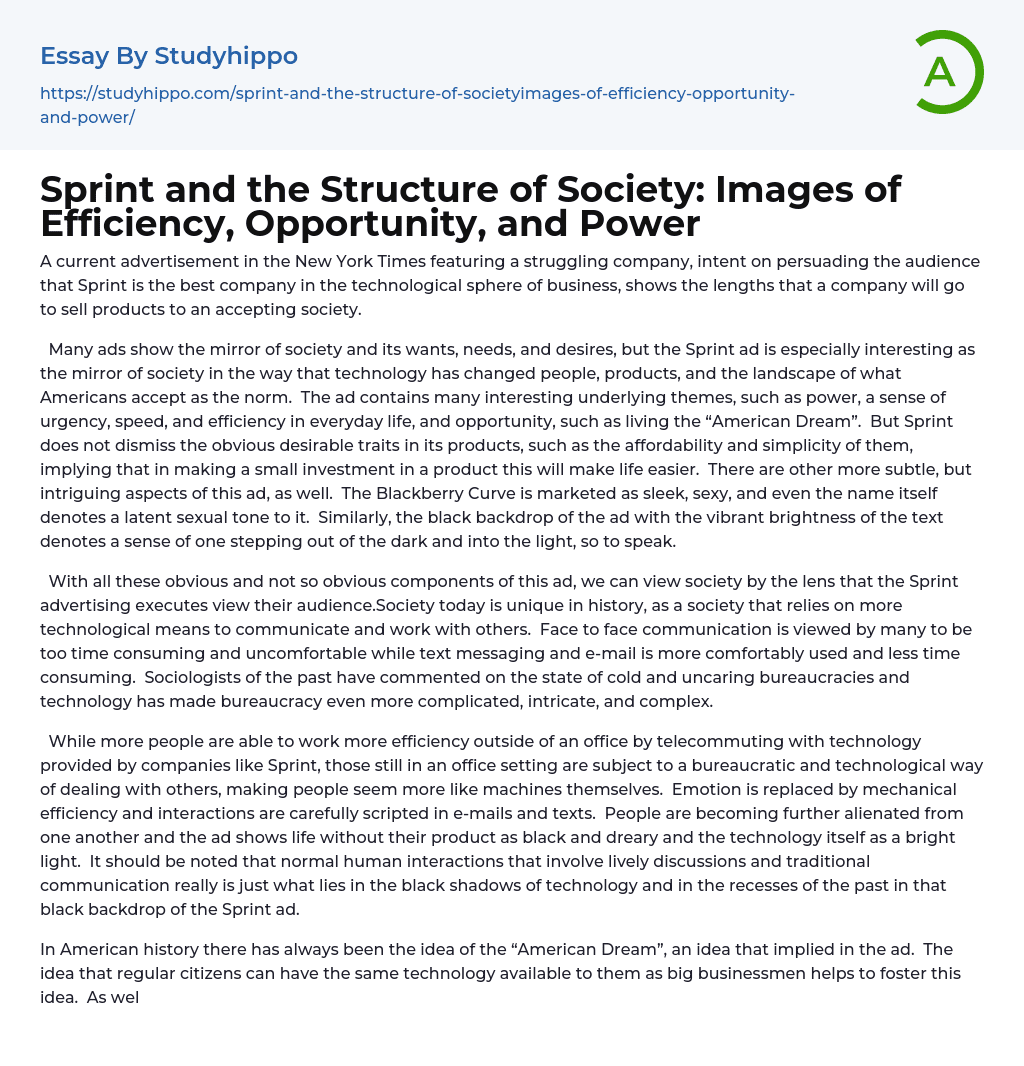 Sprint and the Structure of Society: Images of Efficiency, Opportunity, and Power Essay Example