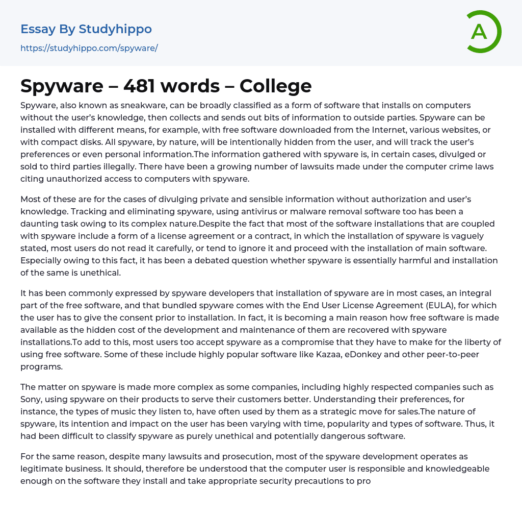 Spyware – 481 words – College Essay Example