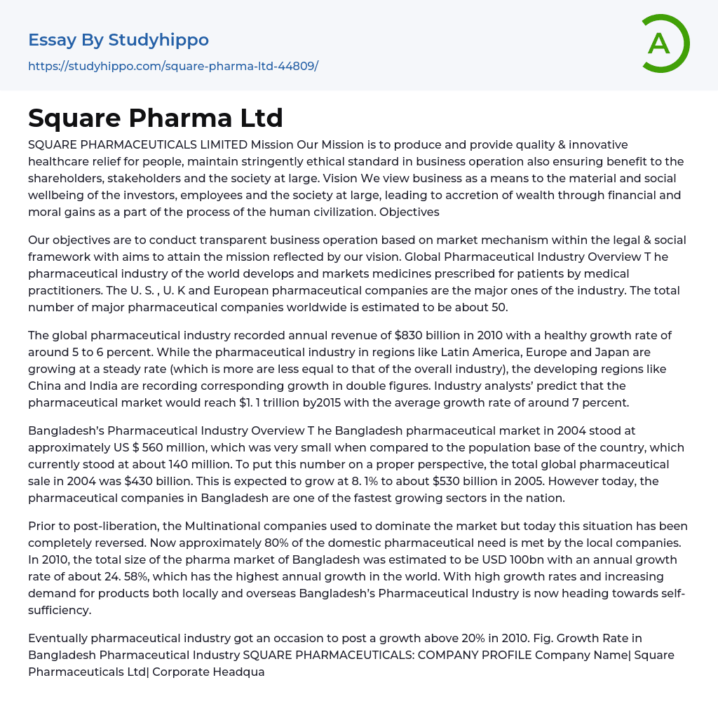 Square Pharmaceuticals Limited Mission Essay Example