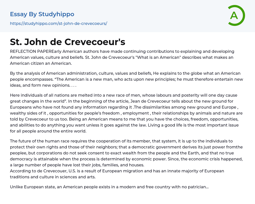 St. John de Crevecoeur’s Essay Example