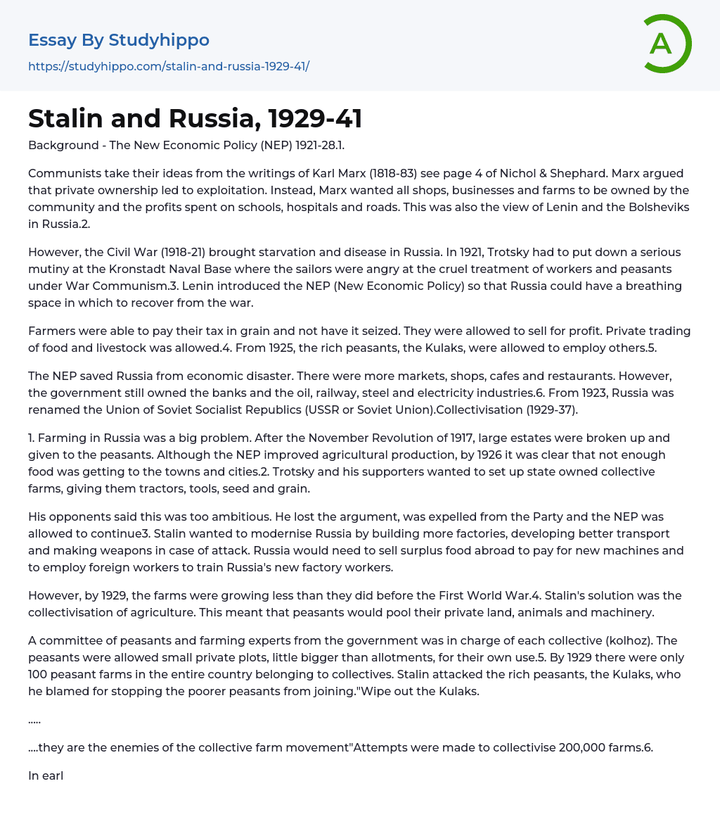 Stalin and Russia, 1929-41 Essay Example