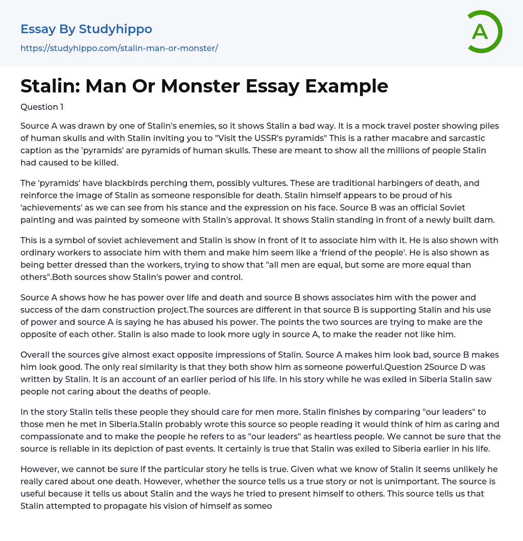 Stalin: Man Or Monster Essay Example