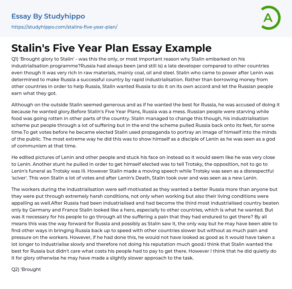 Stalin’s Five Year Plan Essay Example