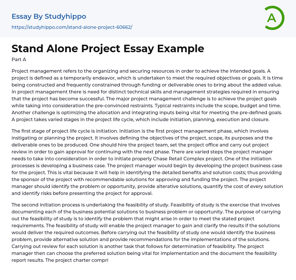 Stand Alone Project Essay Example