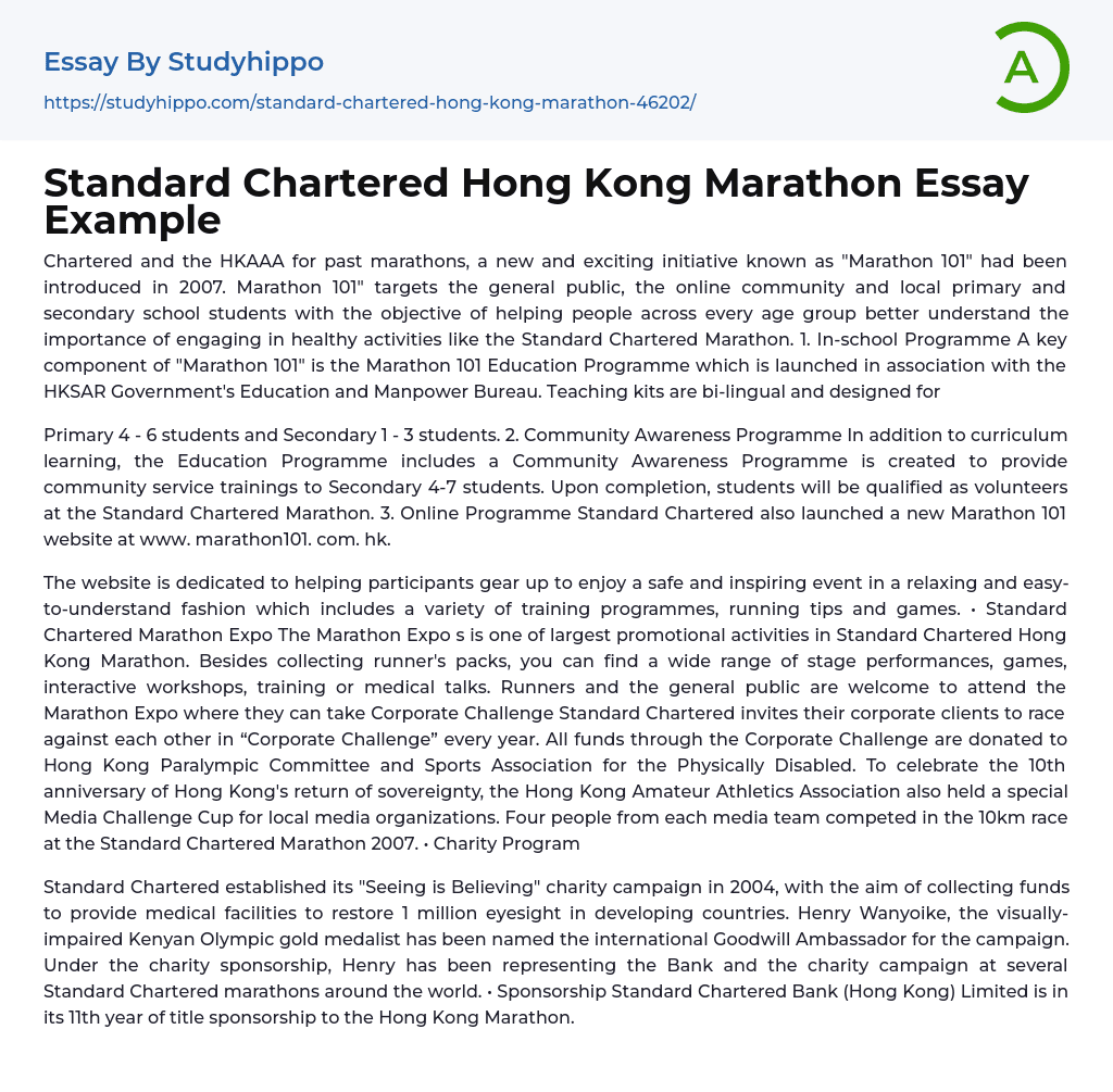 Standard Chartered Hong Kong Marathon Essay Example