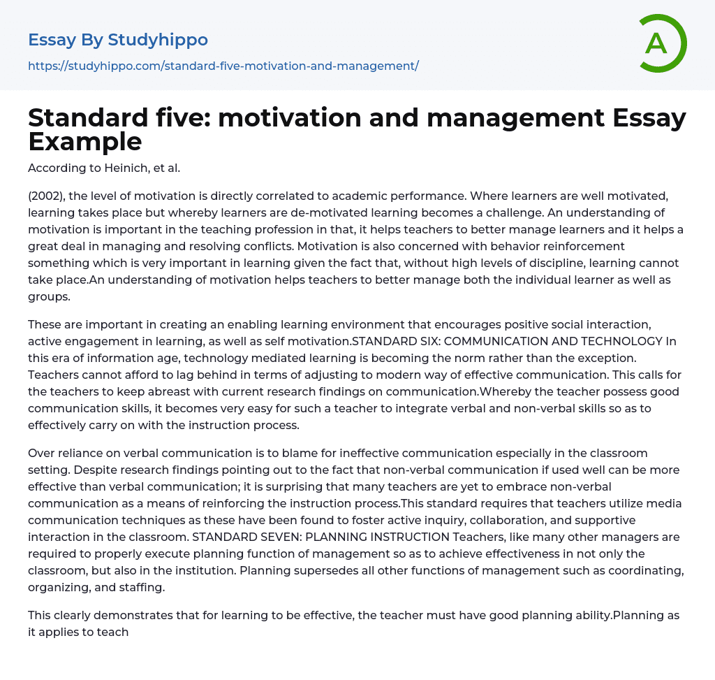 Standard five: motivation and management Essay Example