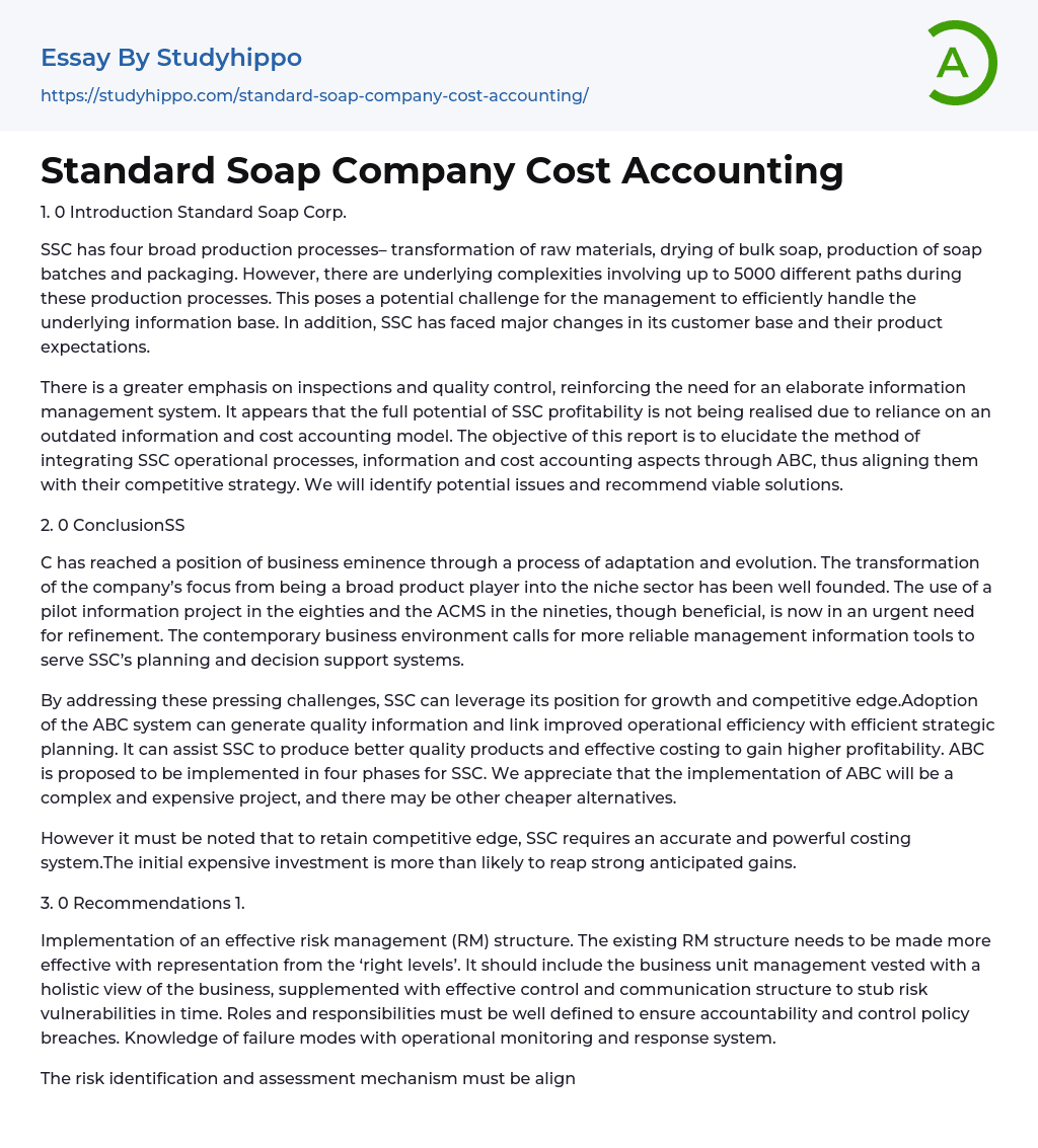 Standard Soap Company Cost Accounting Essay Example