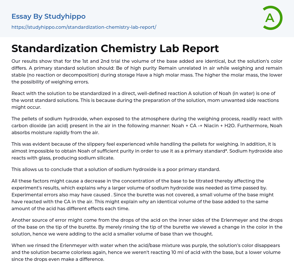Standardization Chemistry Lab Report Essay Example