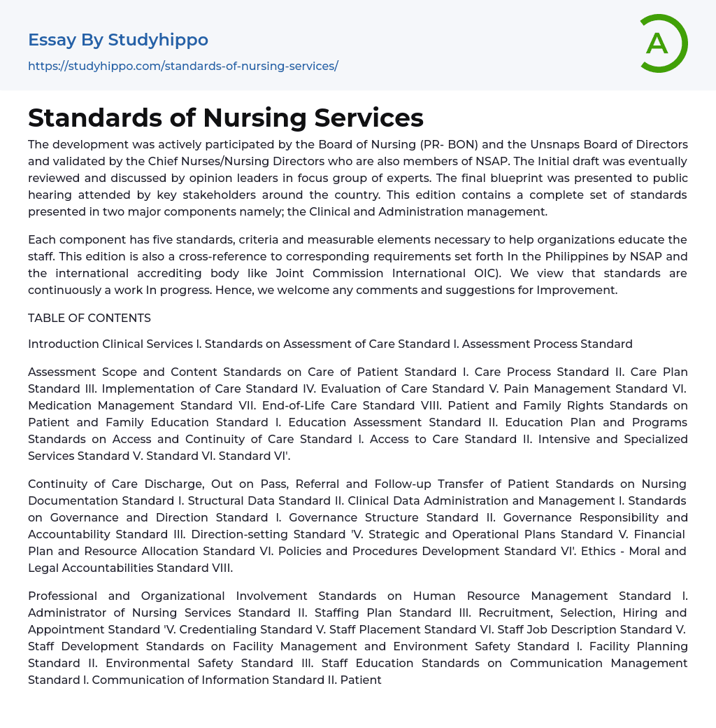 Standards of Nursing Services Essay Example