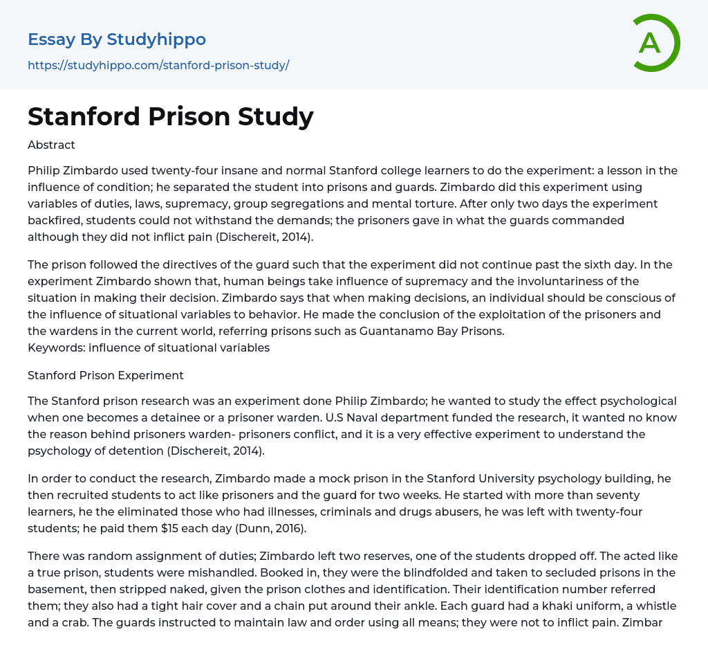 Stanford Prison Study Essay Example