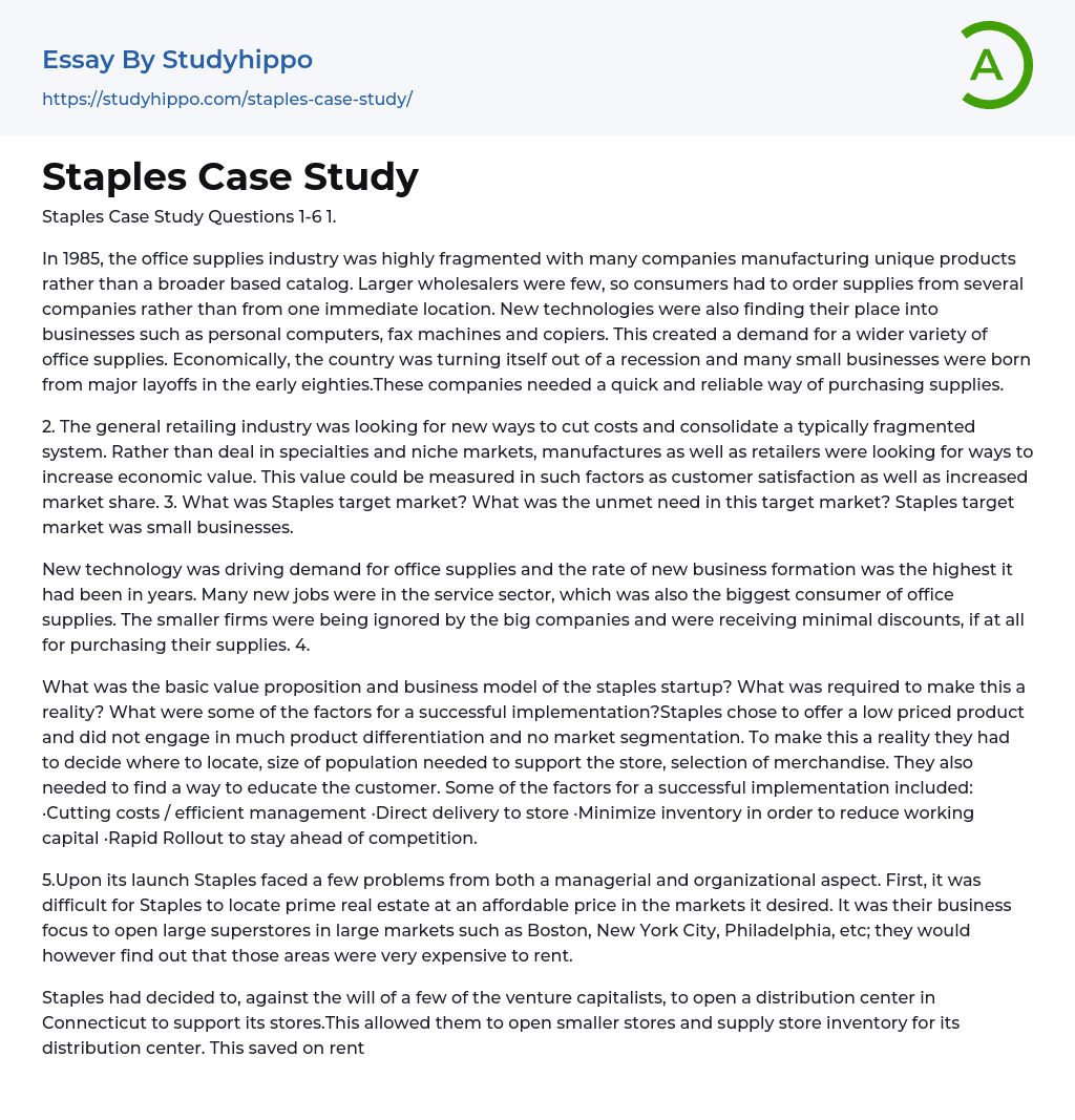 Staples Case Study Essay Example