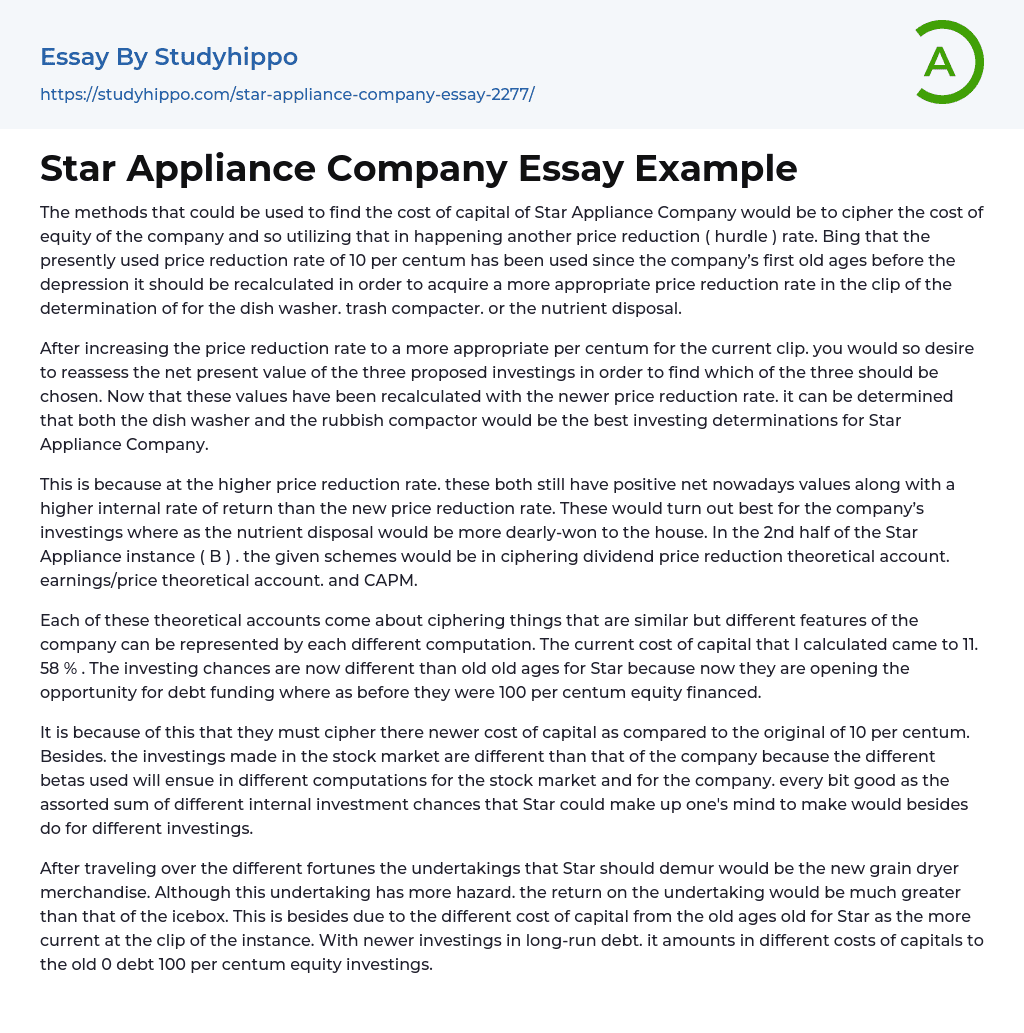 Star Appliance Company Essay Example