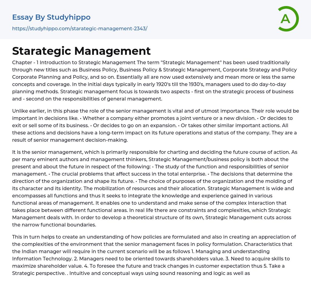Starategic Management Essay Example