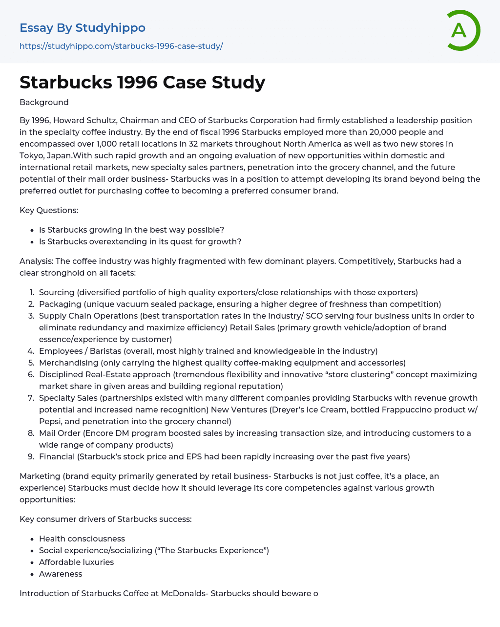 Starbucks 1996 Case Study Essay Example