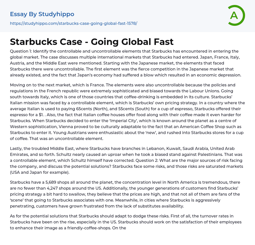 Starbucks Case – Going Global Fast Essay Example