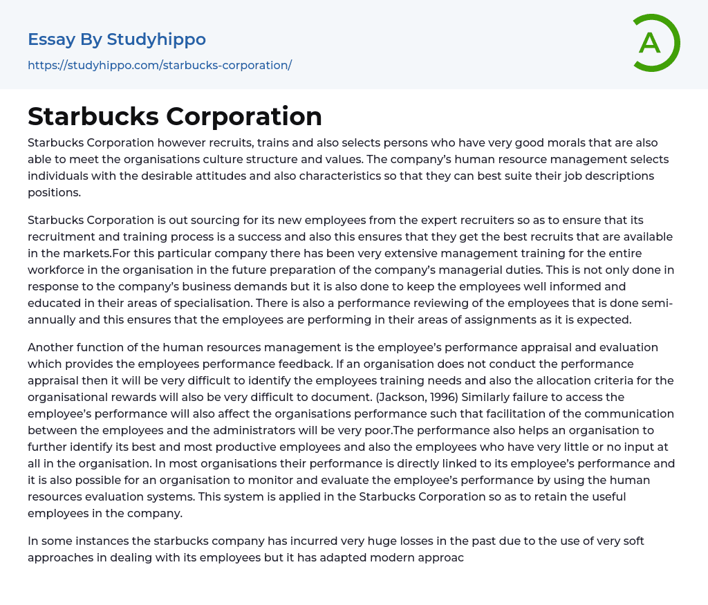 Starbucks Corporation Essay Example
