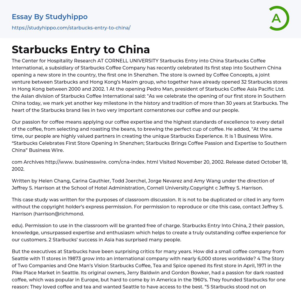 Starbucks Entry to China Essay Example