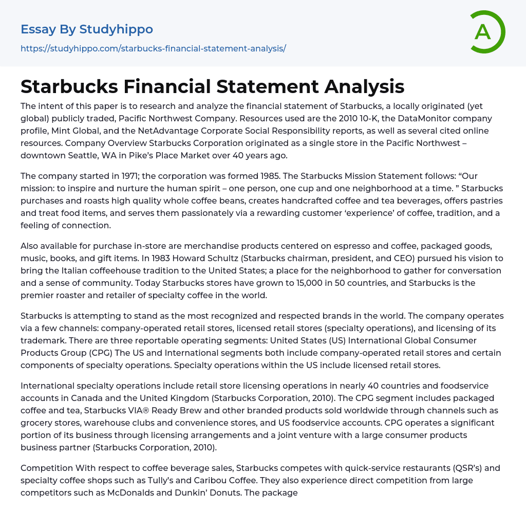 Starbucks Financial Statement Analysis Essay Example