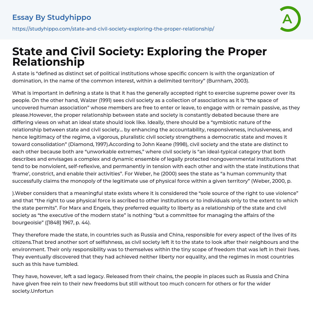 State and Civil Society: Exploring the Proper Relationship Essay Example