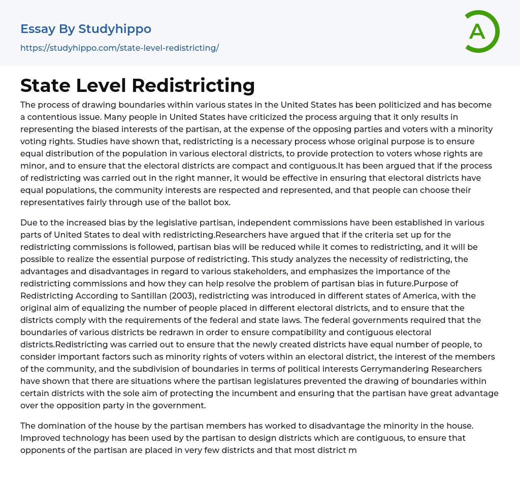 State Level Redistricting Essay Example