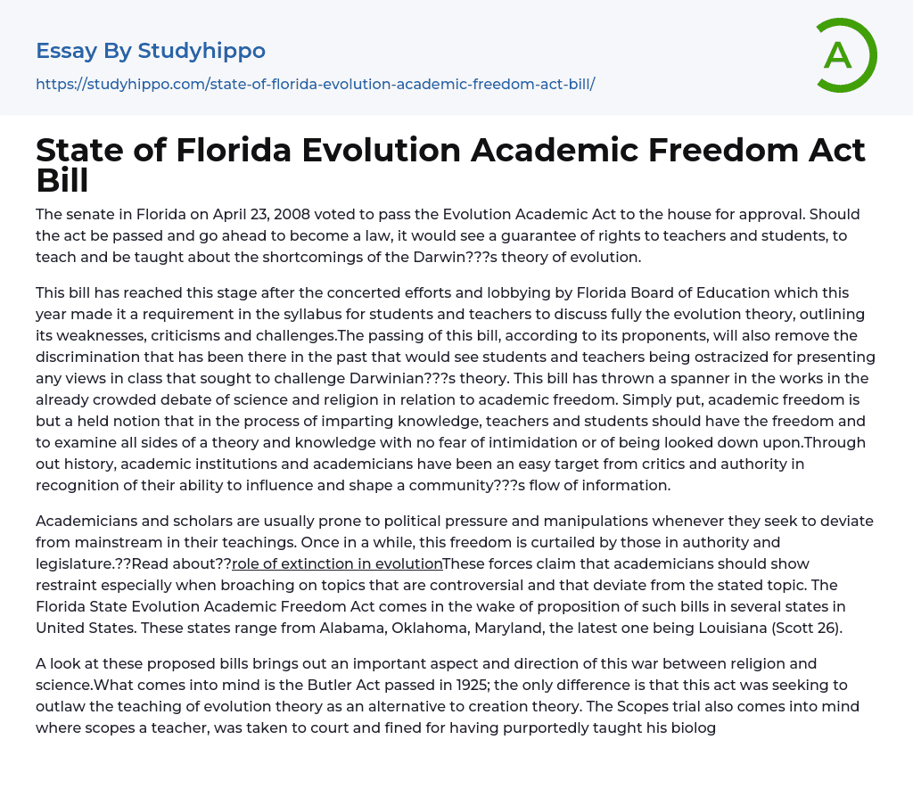 State of Florida Evolution Academic Freedom Act Bill Essay Example
