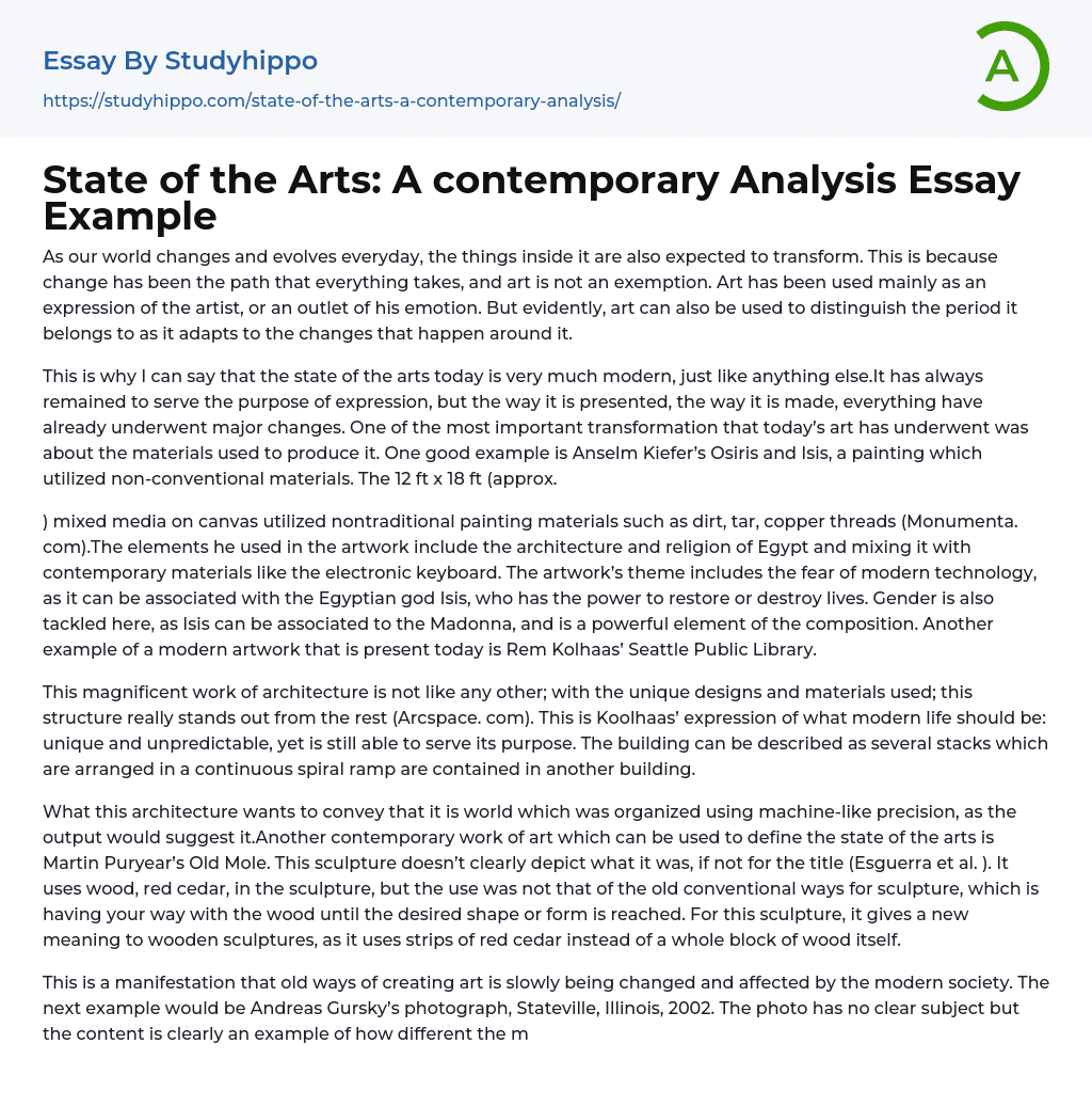 State of the Arts: A contemporary Analysis Essay Example