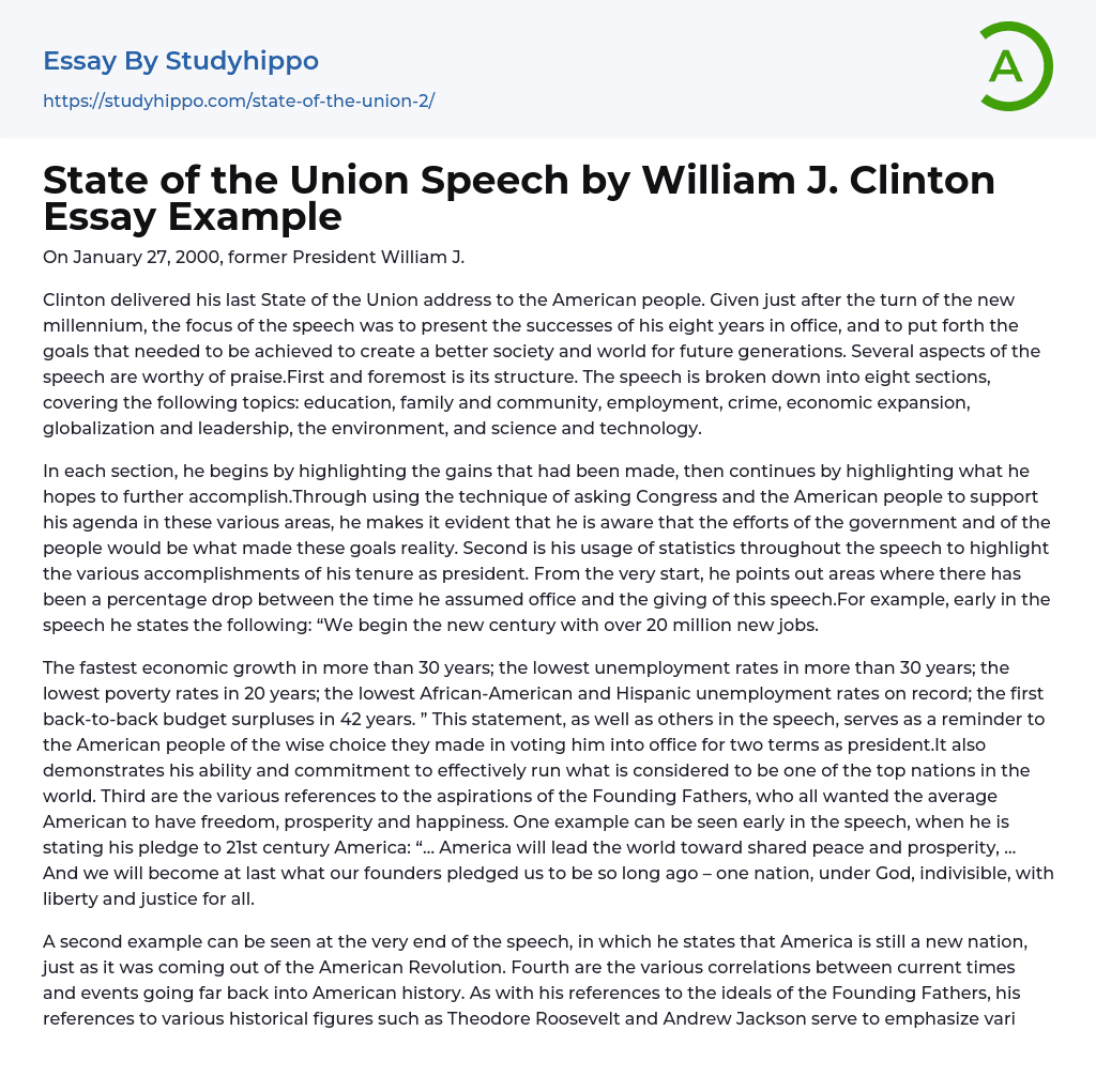 State of the Union Speech by William J. Clinton Essay Example