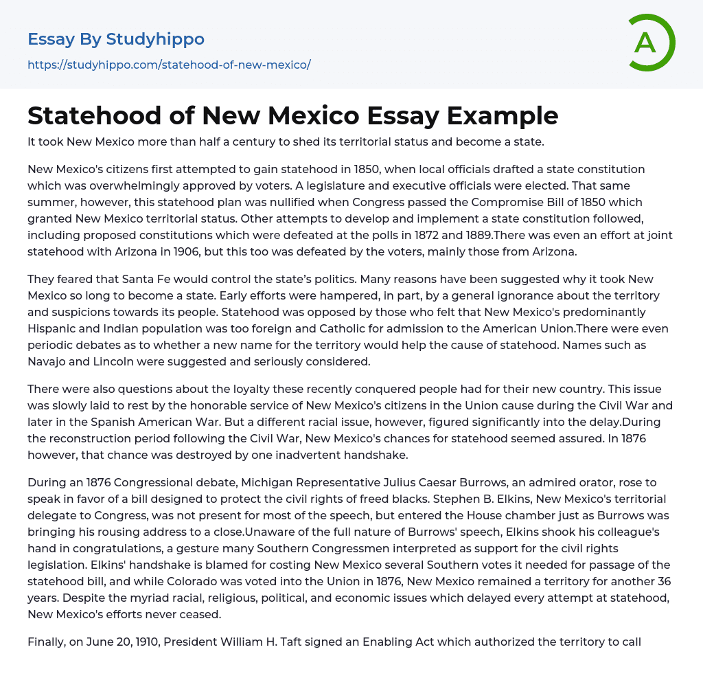 Statehood of New Mexico Essay Example