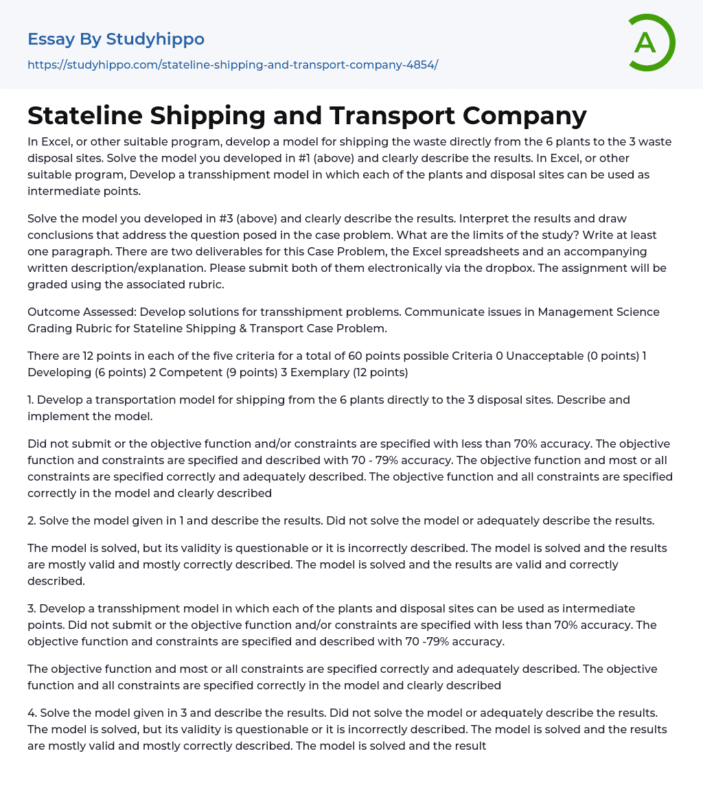 Stateline Shipping and Transport Company Essay Example