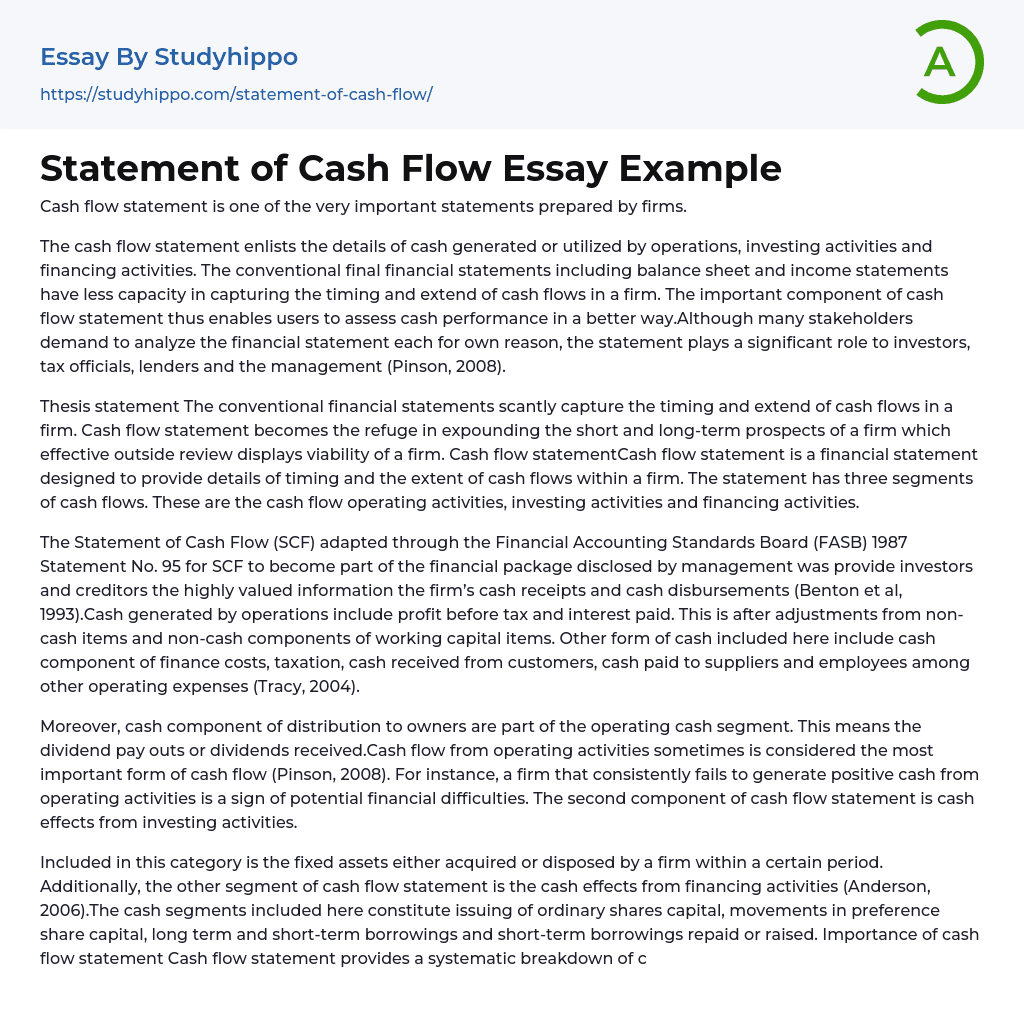 Statement of Cash Flow Essay Example
