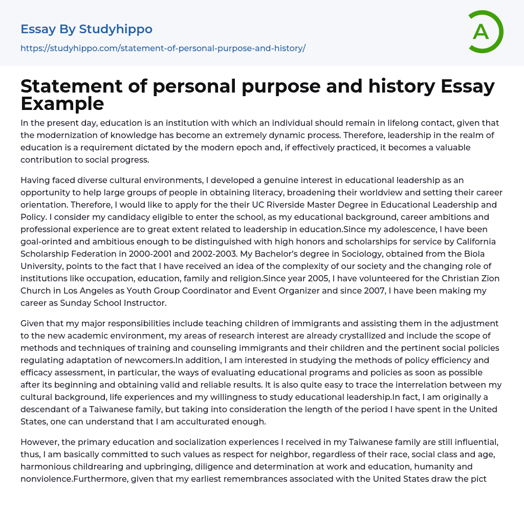 Statement of personal purpose and history Essay Example
