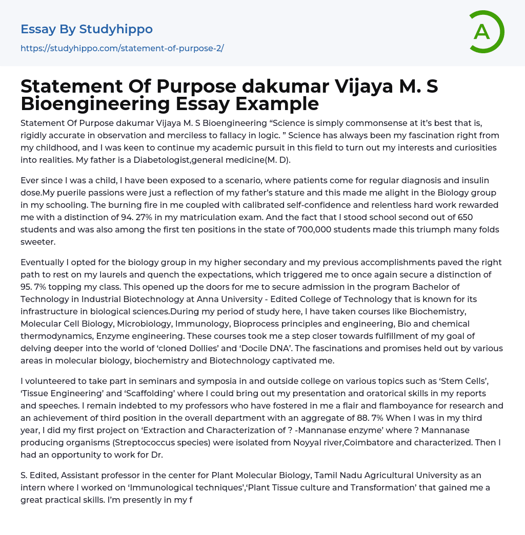 Statement Of Purpose dakumar Vijaya M. S Bioengineering Essay Example